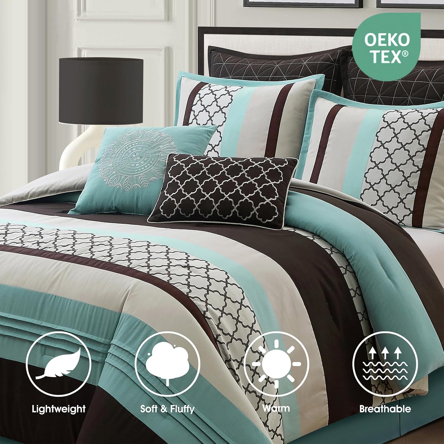 LANCO MODERN LIFESTYLE King Comforter Set, Aqua Brown Bedding Set, Jacquard Woven with Embroidery, 8 Pieces Bed in a Bag, Bed Skirt, Shams and Decorative Pillows