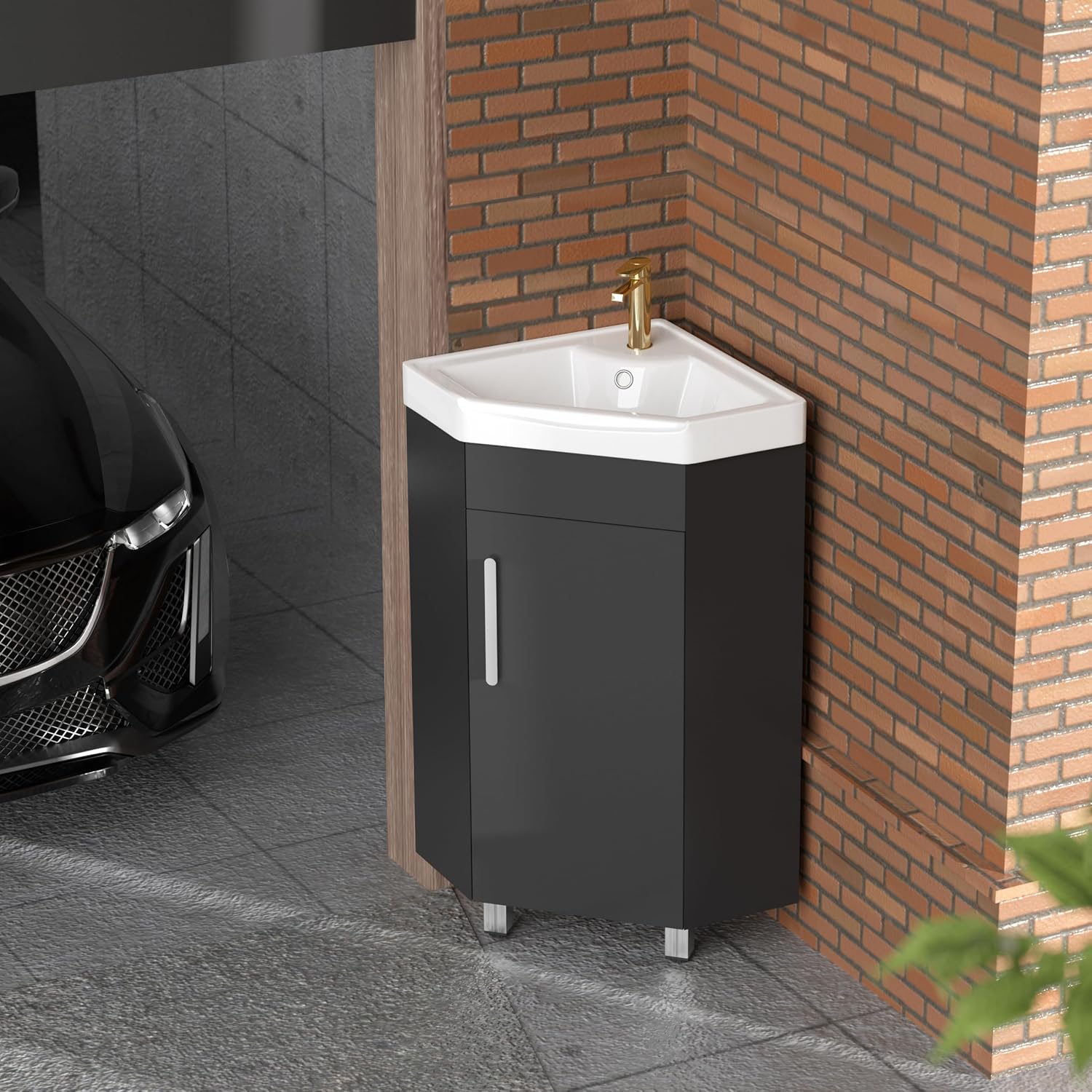 Findepot 24' Corner Bathroom Vanity Sink for Small Space Freestanding Compact Space Bathroom Storage Cabinet with White Ceramic Sink & Adjustable Shelf, Black
