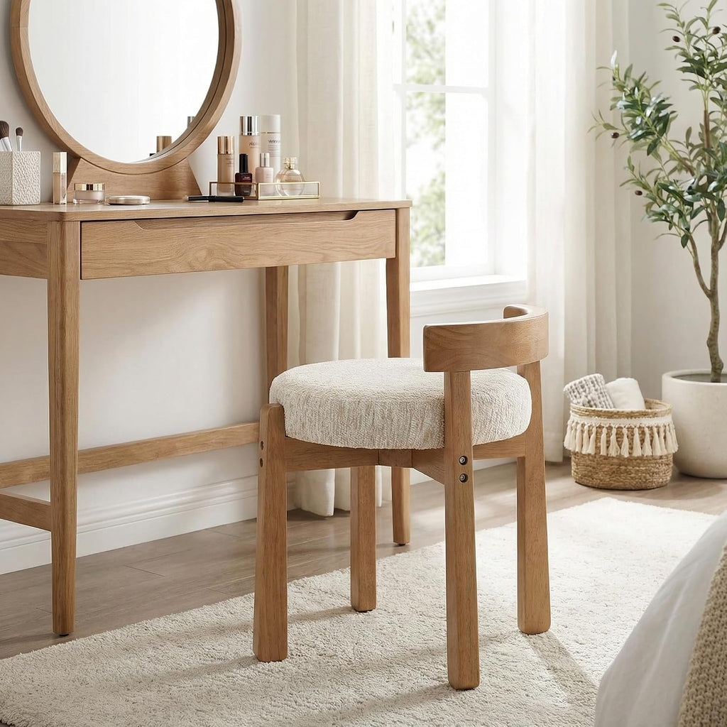 HNY Modern Chenille Vanity Chairs & Ottoman Set of 2 Upholstered Round Seat with Solid Wood Legs, for Makeup Dressing, Living Room Footrest or Piano Bench, Beige