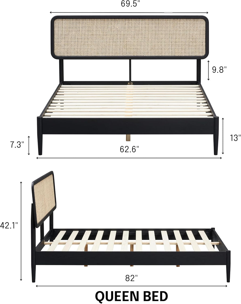 NTC Lupin Wooden Bed Frame with Headboard and Natural Rattan, Solid Oak Foundation with Silent Slats, 1000 Lb Capacity, Effortless Assembly, Queen - Burnt Black