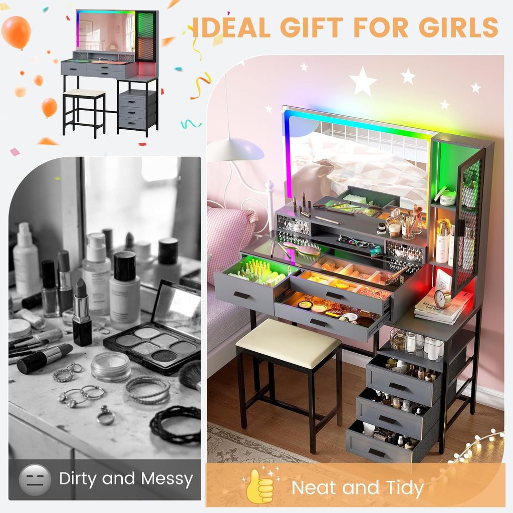 Makeup Vanity Desk with Large Mirror, Glass Top Vanity Table Set with RGB 24 Color Dimmable Lights, Dressing Table with 6 Drawers and Cushioned Stool (Grey)