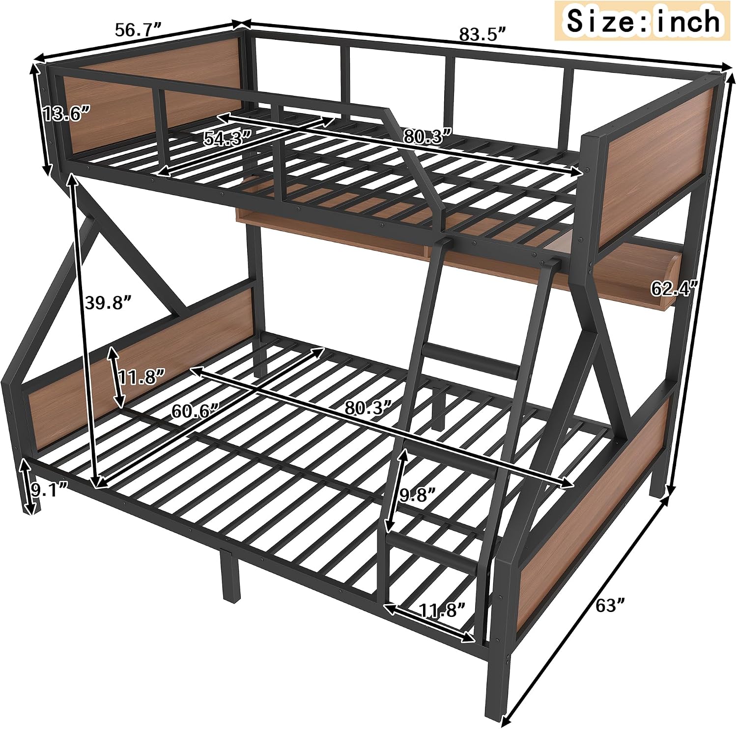 Bellemave Bunk Bed Full XL Over Queen with LED, Heavy Duty Metal Bunk BedFrame with Storage Shelves and Lights, Woodgrain+Black