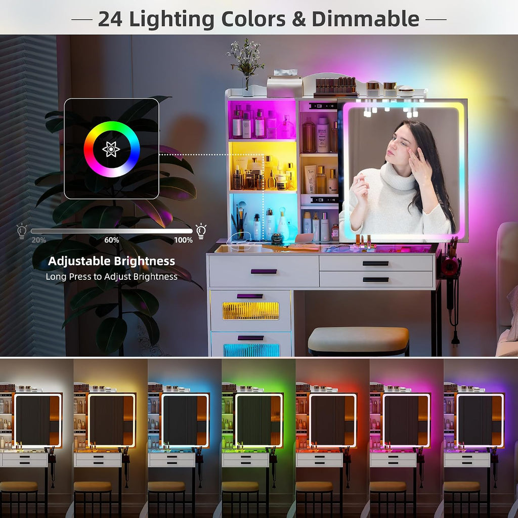RGB Vanity Desk with Sliding Mirror and Lights,Makeup Vanity with Charging Station,LED Vanity Table with Glass Top,Girls Vanities Dressing Table Set with Stool&6 Drawers for Bedroom(White