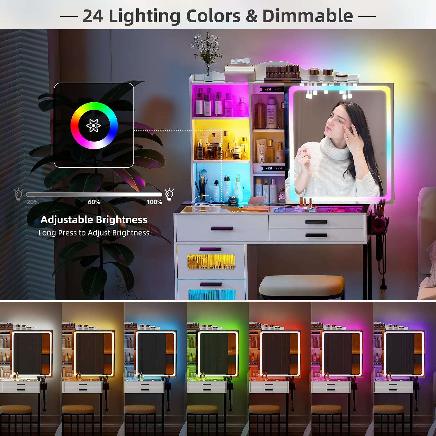 RGB Vanity Desk with Sliding Mirror and Lights,Makeup Vanity with Charging Station,LED Vanity Table with Glass Top,Girls Vanities Dressing Table Set with Stool&6 Drawers for Bedroom(White