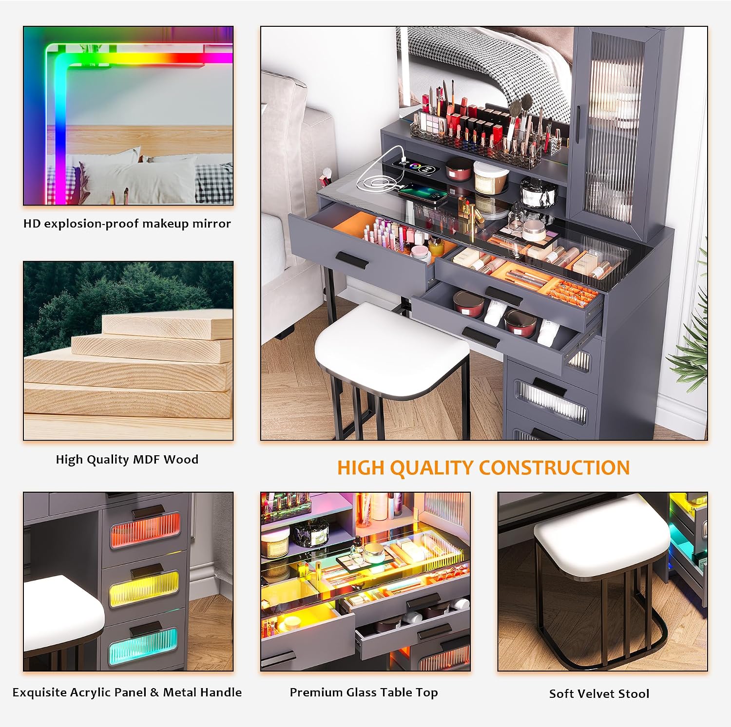 WOOVIVS Vanity with LED Mirror, Makeup Desk with 24 RGB Atuo Lighted Drawers for Bedroom, Glass Top Vanities Table Set with Wireless Charging Station, Chair,Jewelry Organizer for Girls/Women (Grey)