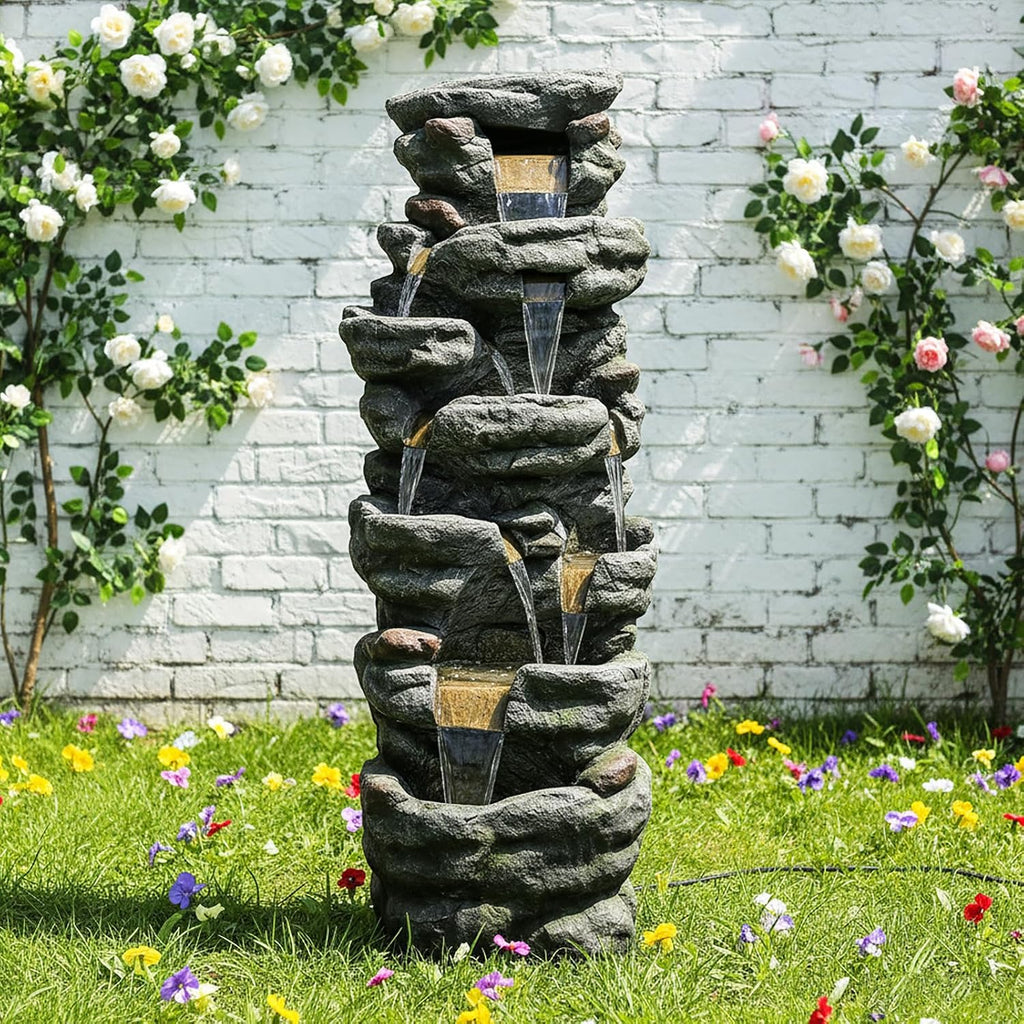 Naturefalls 51' Extra Large Outdoor Water Fountain - Waterfall Fountain with 7 LED Lights, 7-Tiers Cascading, Poly-Resin Indoor and Outdoor Fountain for Garden, Patio, Backyard, Lawn, Yard Decor