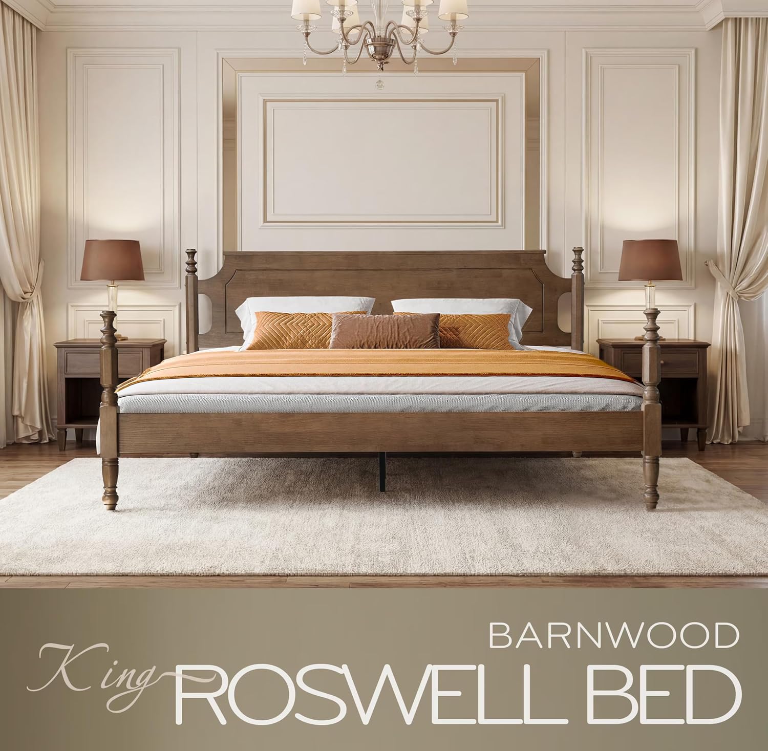 Solid Wood King Size Bed Frame with Headboard & Footboard, Platform Bed, Central Metal Legs, 12 Sturdy Slats, Under Bed Storage, Easy Assembly, Noise-Free & Anti-Slip, Barnwood Finish, ROK-30