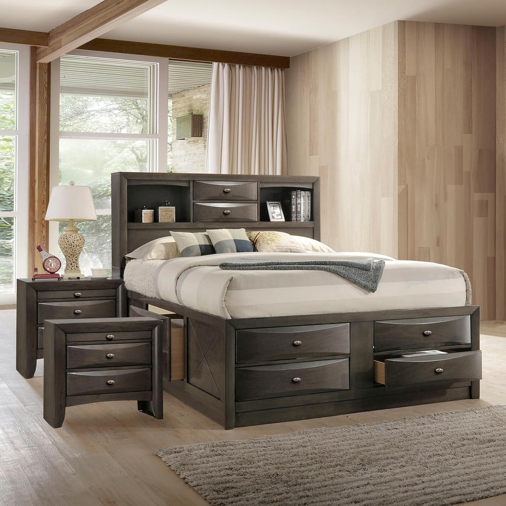 Furniture of America Darius Transitional Solid Wood 3-Piece King Platform Bedroom Set with Drawers, Bookcase Headboard and Knob Pulls, Mattress Ready, Gray