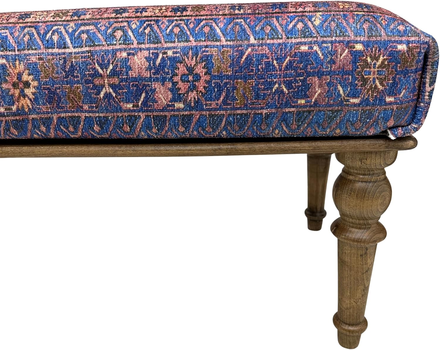 Boho Geometric Rug Upholstered Ottoman Bench, Piano Bench, Blue Decorative Entryway Bench, Bedroom Ottoman, Kitchen Dining Bench, Footstool Ottoman (18x18X36, Blue-Pink)