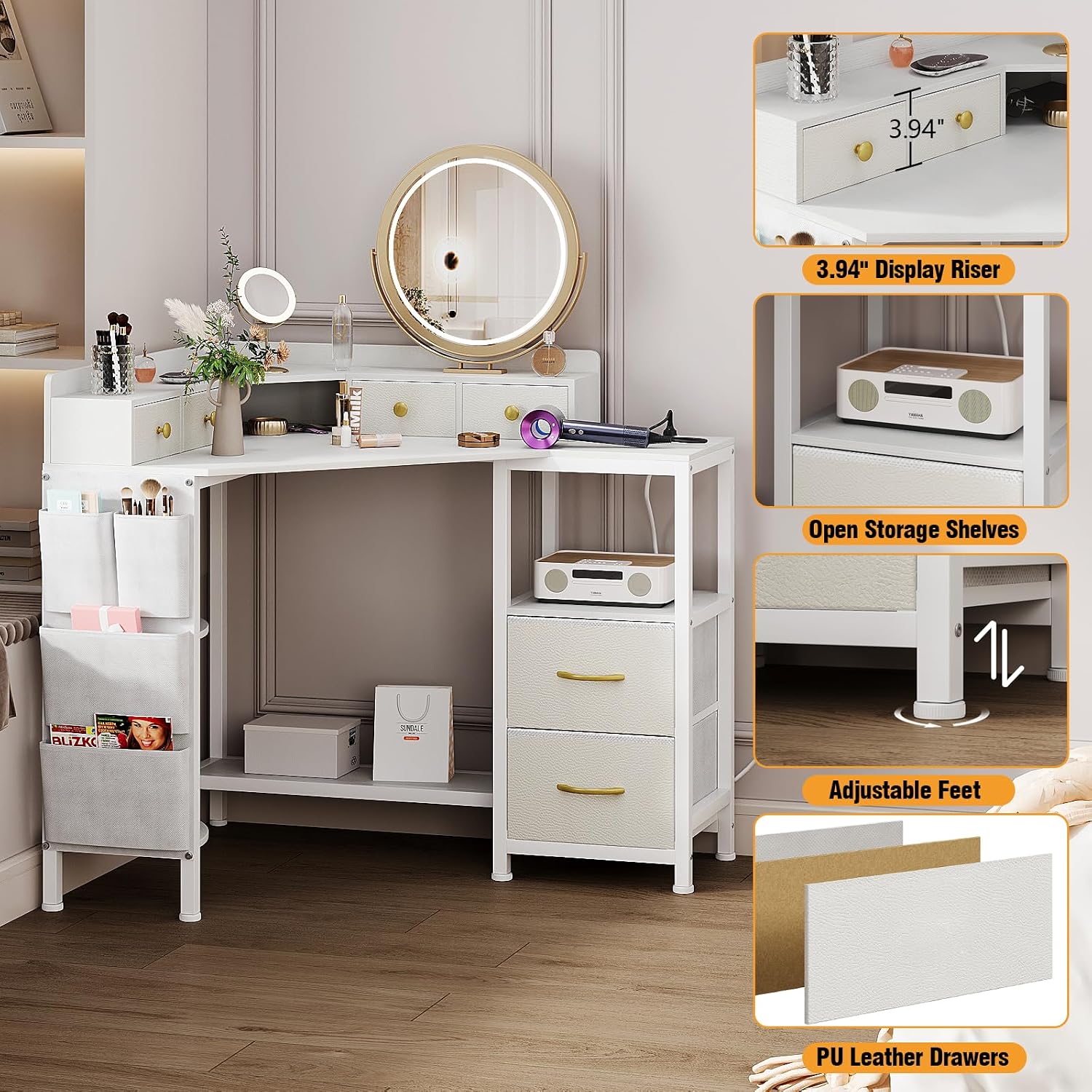 Espelism Corner Vanity Desk with Charging Station, 49.6' Makeup Table with Fabric Drawers & Side Pocket, Space-Saving Dressing Table for Small Space Bedroom Dorm(White)