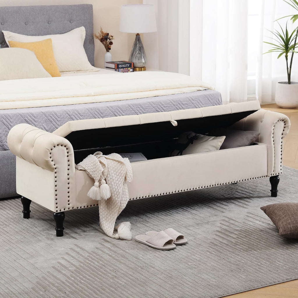 Storage Bed Bench for Bedroom, Velvet 67' End of Bed Benches, King Size Bench with Armrest, Tufted Button Upholstered Ottoman Bench for Living Room, Entryway, Cream Beige