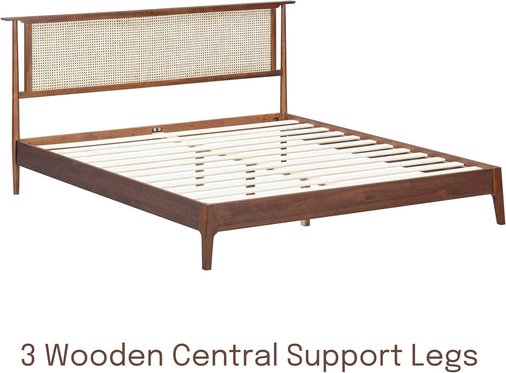 NTC Ruby Wooden Bed Frame with Headboard and Natural Rattan, Solid Oak/Rubber Wood Foundation with Silent Slats, 1000 Lb Capacity, Effortless Assembly (Natural Cane - Dark Walnut, King)