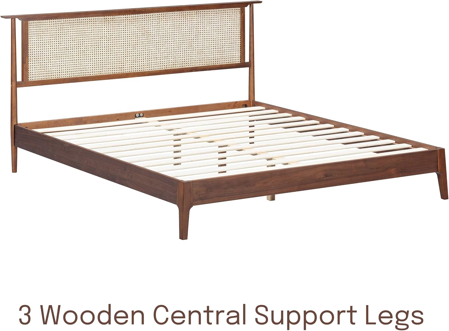 NTC Ruby Wooden Bed Frame with Headboard and Natural Rattan, Solid Oak/Rubber Wood Foundation with Silent Slats, 1000 Lb Capacity, Effortless Assembly (Natural Cane - Dark Walnut, King)