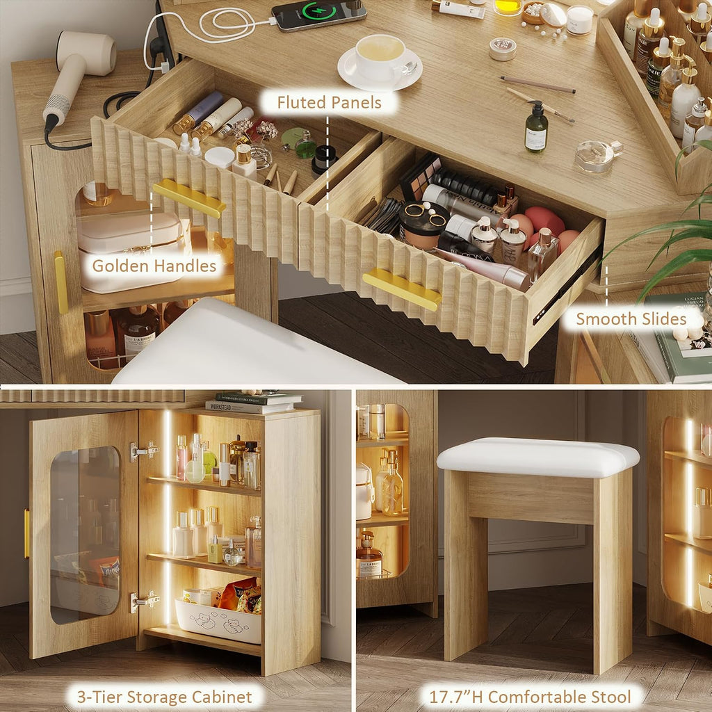 Corner Vanity Desk with 3 Way Mirror & LED Lights, Makeup Table Set with Charging Station, Storage Drawers & Side Cabinets, Modern Bedroom Dressing Table for Women & Girls Birthday Gift