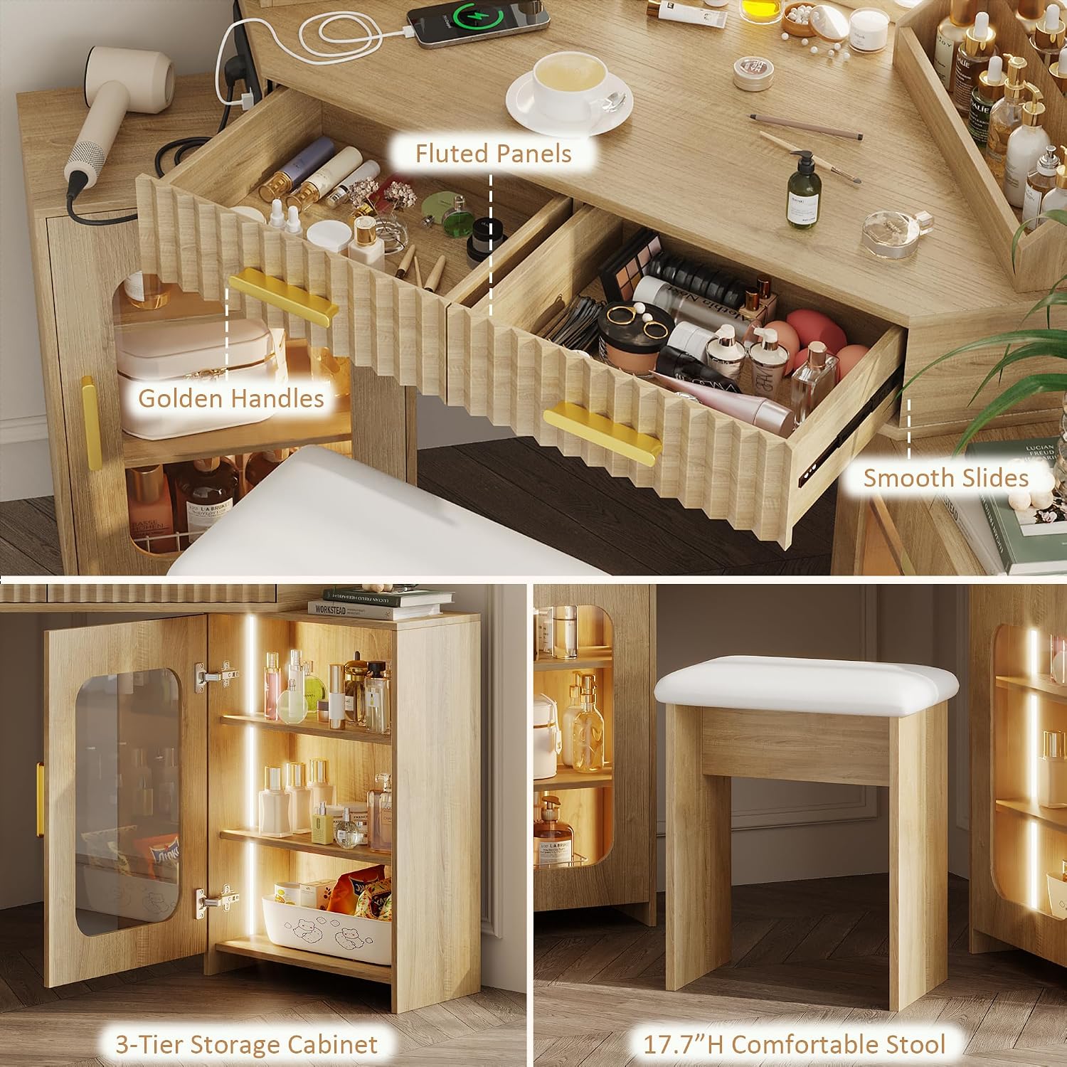 Corner Vanity Desk with 3 Way Mirror & LED Lights, Makeup Table Set with Charging Station, Storage Drawers & Side Cabinets, Modern Bedroom Dressing Table for Women & Girls Birthday Gift
