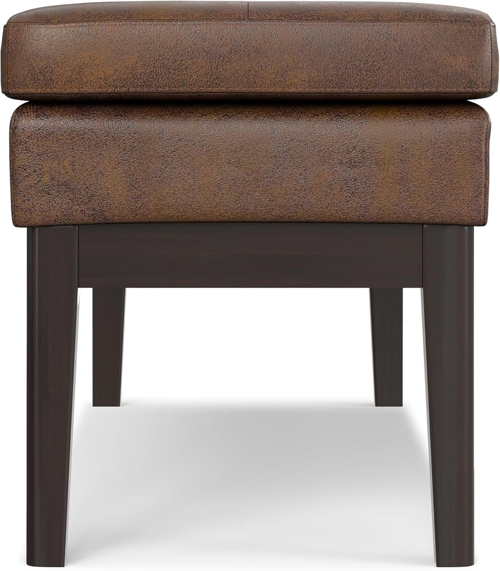 SIMPLIHOME Carlson Ottoman Bench - 45 inch Wide Upholstered Vegan Leather Rectangle Ottoman in Distressed Chestnut Brown, Mid Century Modern Bench for Bedroom or Living Room with Padded Seat