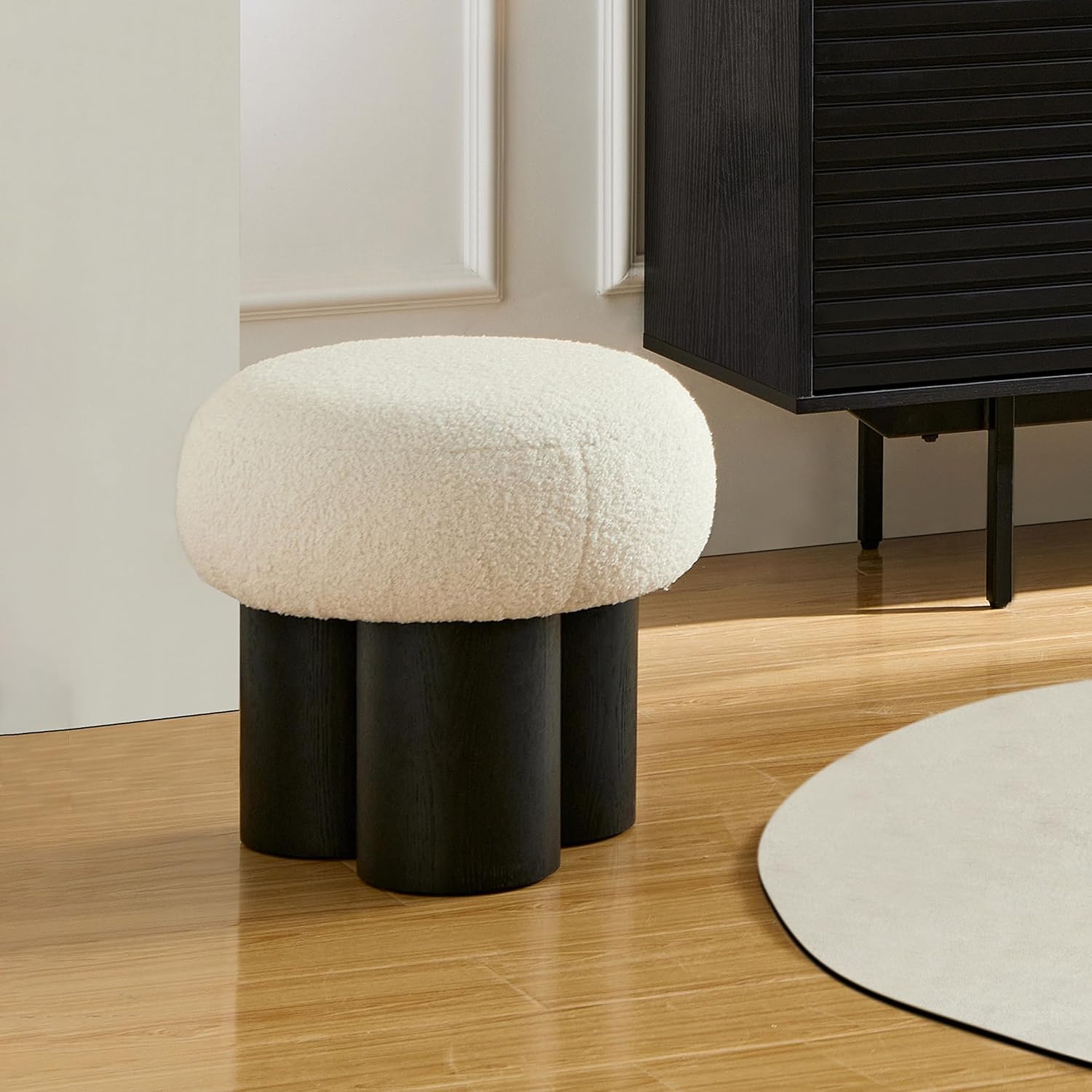 Mushroom Ottoman Stool with Teddy Fabric Upholstery, Round Foot Rest Seat, Walnut Veneer Look Barrel Base, Accent Vanity Seating for Entryway Living Room Bedroom Sofa Side Corner Decor (Black)