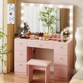 VOWNER Vanity with Lighted Mirror - Glass Top Makeup Vanity Desk with 7 Drawers and Power Outlet, 3 Color Lighting Modes Adjustable Brightness, 44' Vanity Table with Stool for Women Girls, Pink