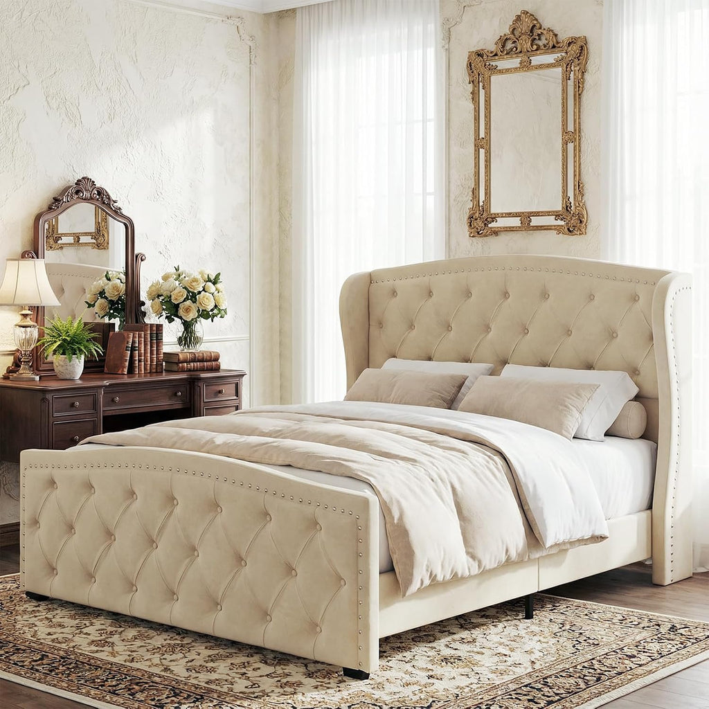 Furnihome King Size Bed Frame with 51' Tall Headboard, Velvet Upholstered Wingback Platform Design, Handcrafted Pleats& Deep Button Tufted, Solid Wood Legs, No Box Spring Needed, Beige