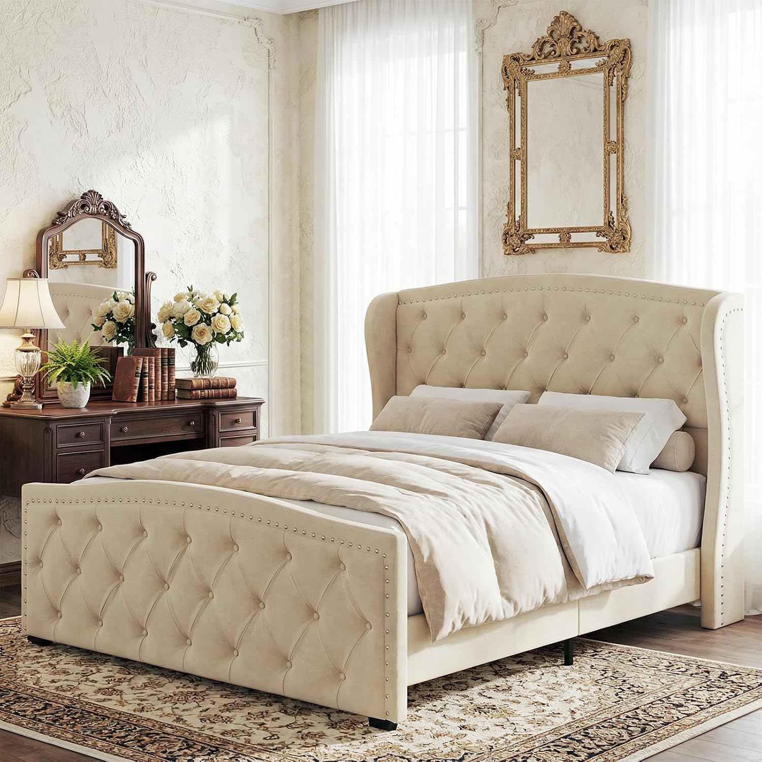 Furnihome King Size Bed Frame with 51' Tall Headboard, Velvet Upholstered Wingback Platform Design, Handcrafted Pleats& Deep Button Tufted, Solid Wood Legs, No Box Spring Needed, Beige