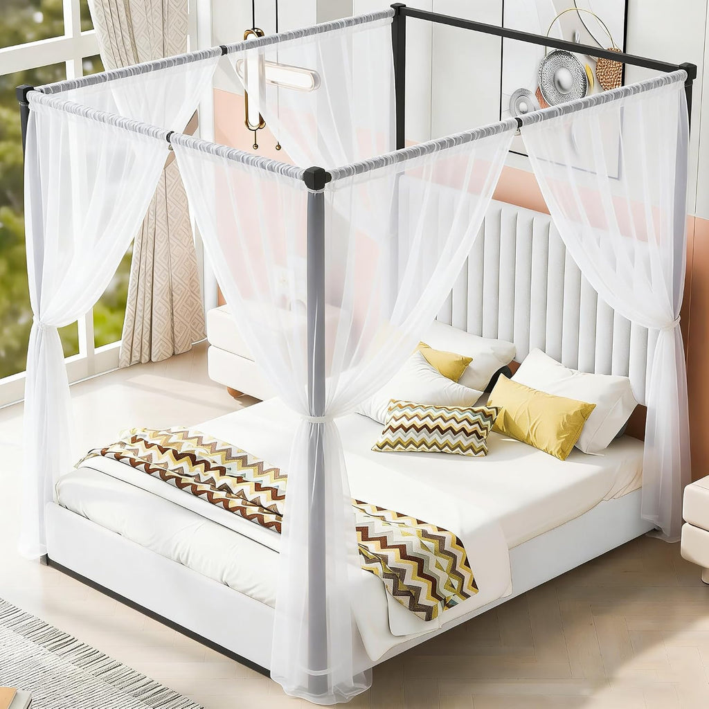 Queen Size 4-Poster Metal Canopy Platform Bed with Upholstered High Backrest Headboard - DIY Canopy Design, Heavy-Duty Metal Frame, Easy Assembly (Black, Queen)