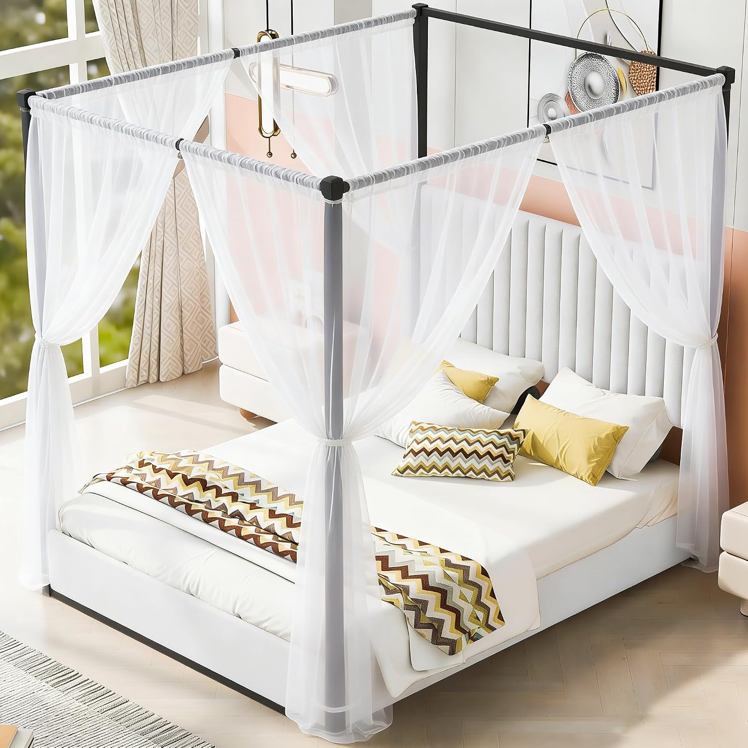 Queen Size 4-Poster Metal Canopy Platform Bed with Upholstered High Backrest Headboard - DIY Canopy Design, Heavy-Duty Metal Frame, Easy Assembly (Black, Queen)