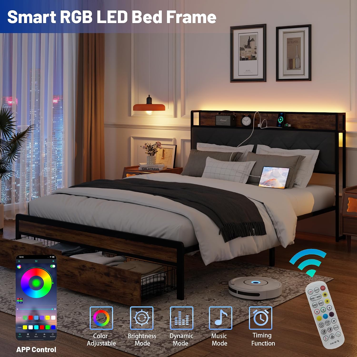 Full Size Metal Platform Bed Frame with Velvet Button-Tufted Headboard, 2 Storage Drawers, LED Light & USB Charging Port, Heavy Duty, Brown Wooden Panel, No Box Spring Needed (Brown, Full)