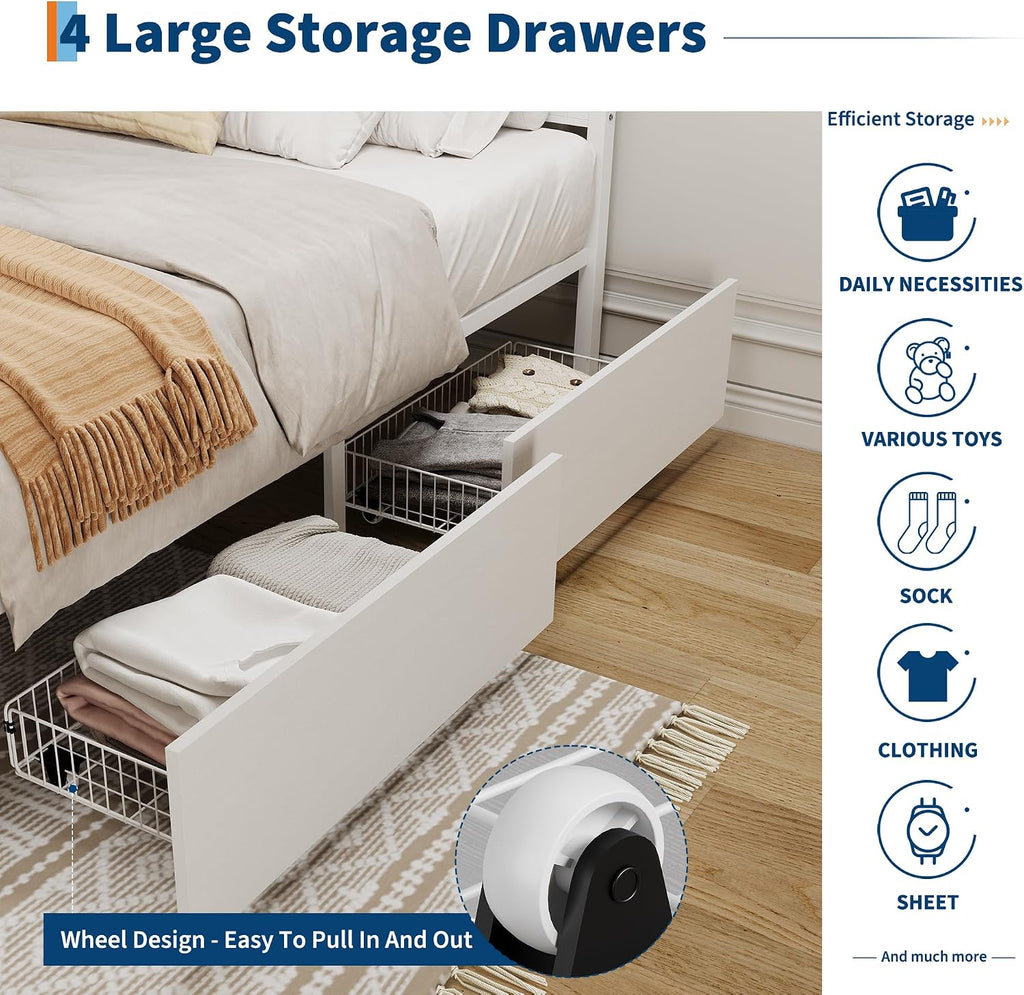 IDEALHOUSE Rattan Bed Frame with Storage Drawers, Boho Full Size Led Bed Frame with Strong Metal Slats Support, No Box Spring Needed, Noise-Free Design, White