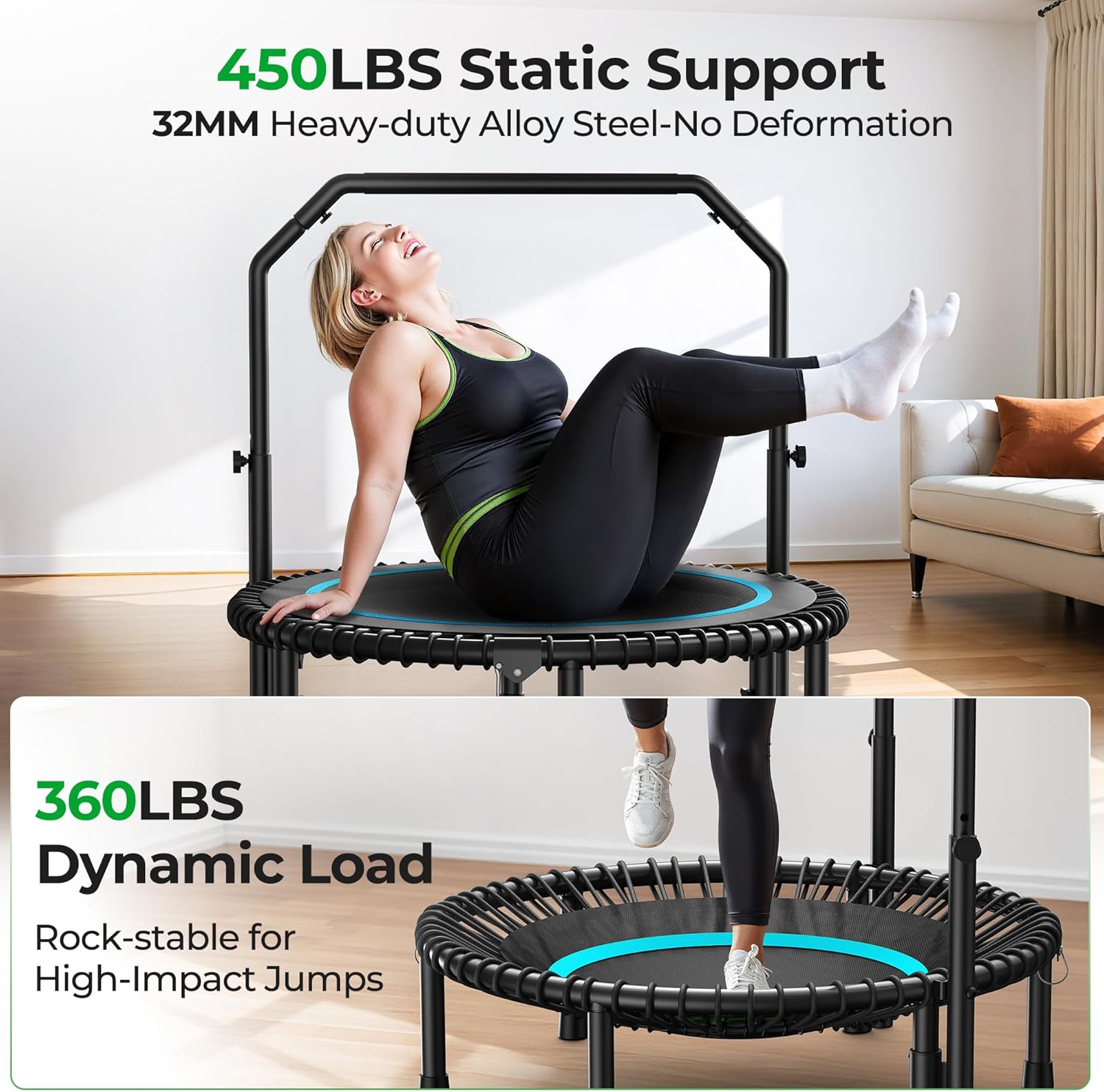 BCAN BT2 450/550LBS Mini Rebounder Trampoline for Adults with Bar, Fitness Trampoline with Bungees, Adjustable Handle, Stable & Quiet, Indoor Outdoor, Whole-Body Workout & Relaxation at Home-40IN/48IN