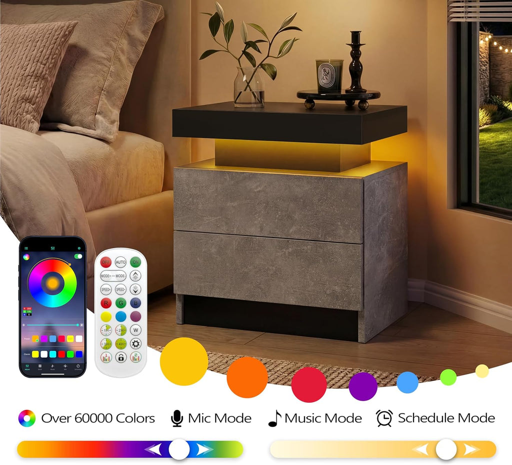 i-aplus Nightstand Set of 2 LED Nightstand with 2 Drawers, Bedside Table with Drawers for Bedroom Furniture, Side Bed Table with LED Light, Grey Black
