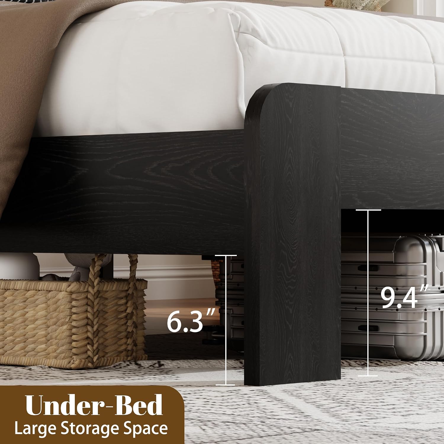 QNICE Wooden Bed Frame Full Size with Headboard - Farmhouse Platform Bed Frame, Wood Slat Support, No Box Spring Needed & Easy Assembly with Large Under Bed Storage (Rustic Black)