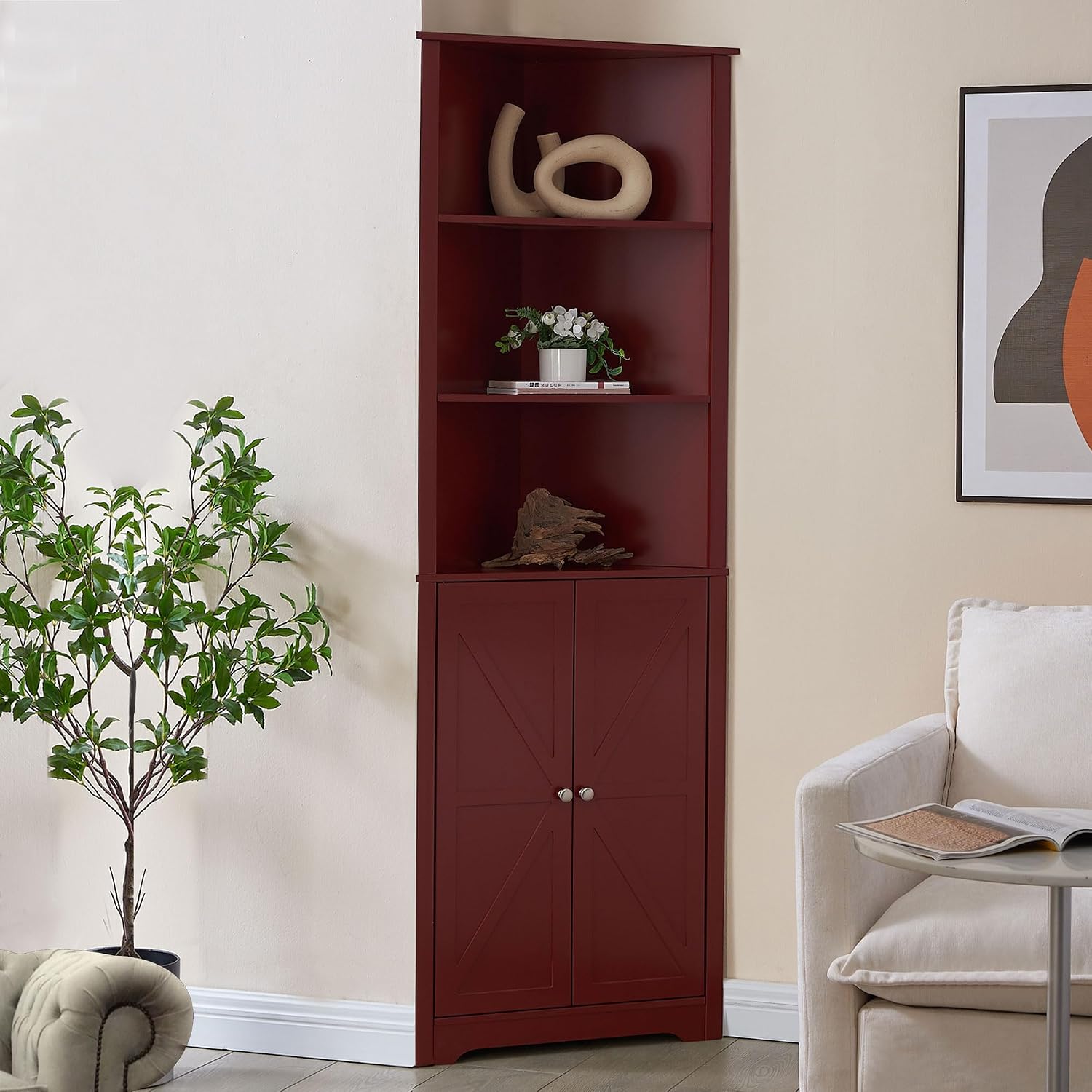 Kings Brand Furniture Tall Wooden Corner Cabinet with 2 Doors and 5 Shelves Storage Shelf Organizer, Home Space Saver, Bathroom, Kitchen, Living Room, Red