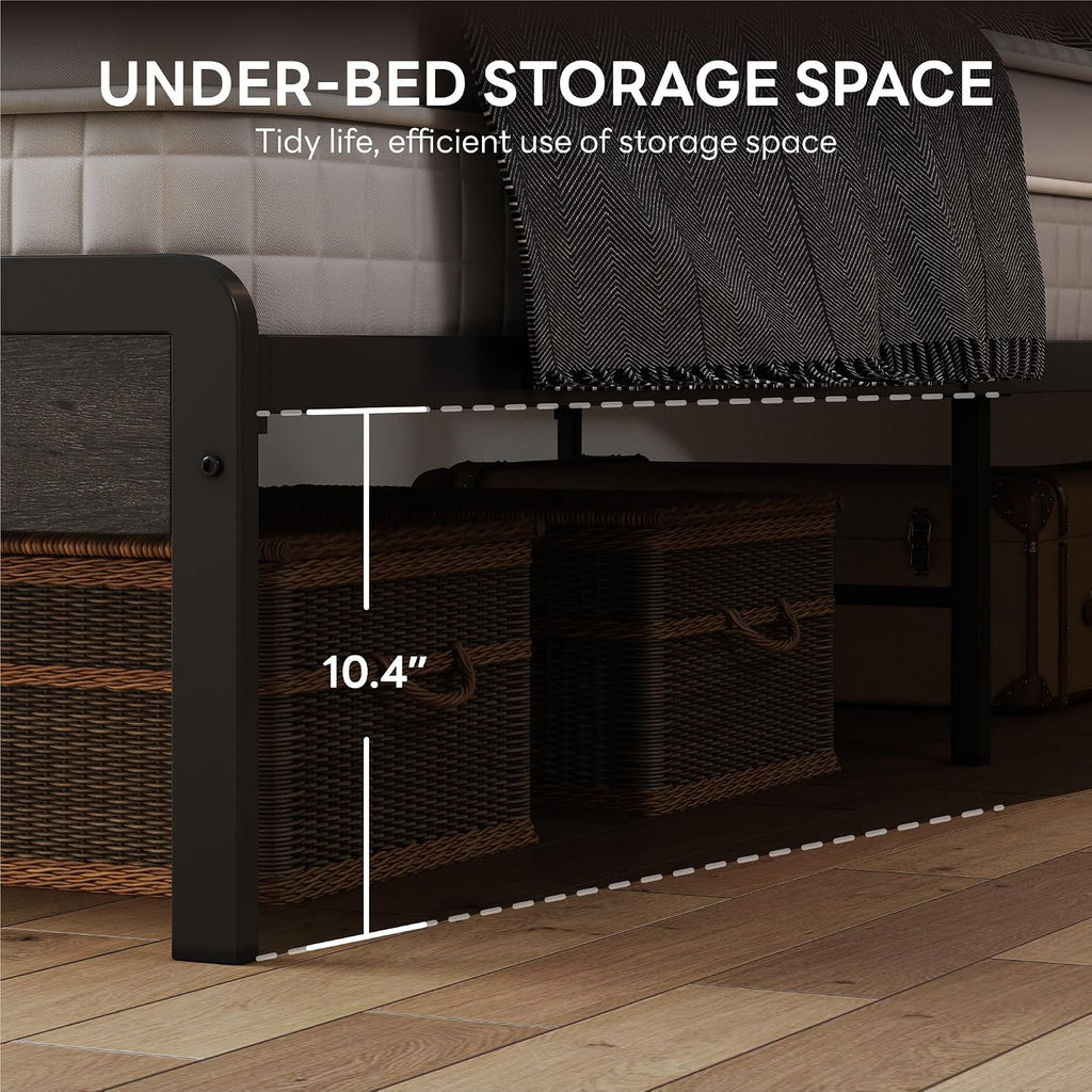 LIKIMIO King Bed Frame with Headboard, Dark Wood Camas King with Strong Supports, Sturdy, Noise-Free, No Box Spring Needed, Grey