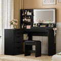 JUMMICO Makeup Vanity Desk with Mirror and Lights, L- Shaped Vanity, Modern Vanity Table with 5 Drawers & Adjustable Shelves, Power Outlet with Fast Charging, for Bedroom (Black)