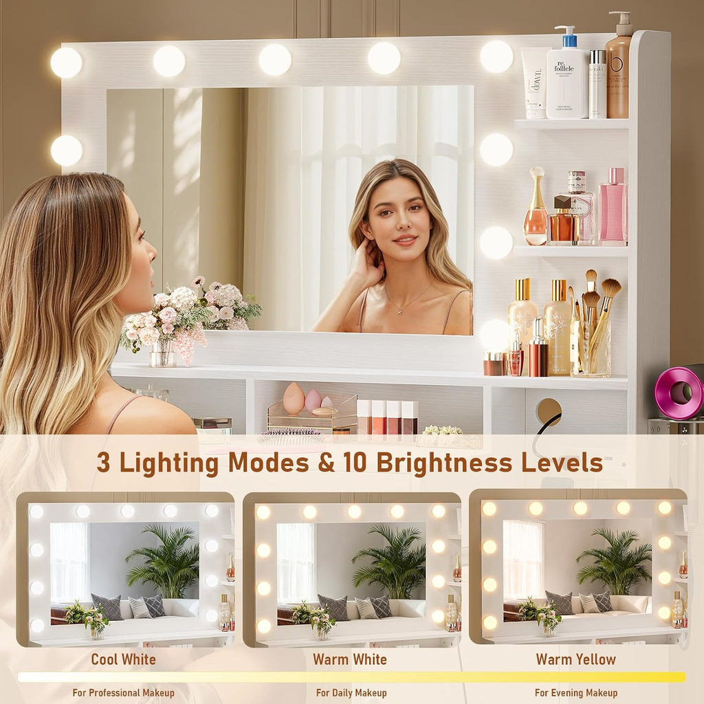 Driftalia Vanity Desk with Mirror and Lights, Makeup Vanity with Storage Drawer, Power Outlet and Large Cabinet for Bedroom - White