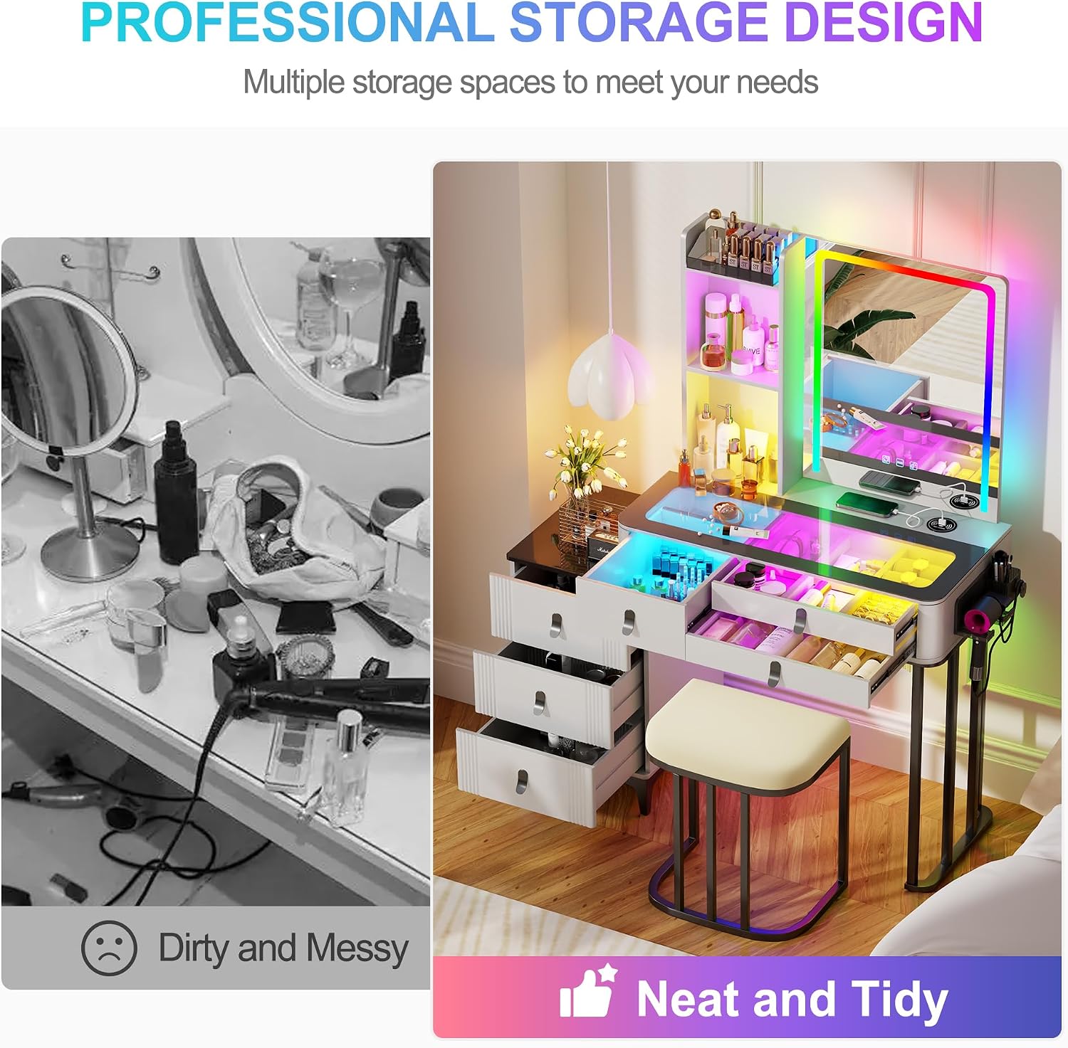 RGB Vanity Desk with Mirror and Lights, Glass Top Makeup Vanity Table with Wireless Charging Station, Dressing Table with Chair & 6 Drawers (White)