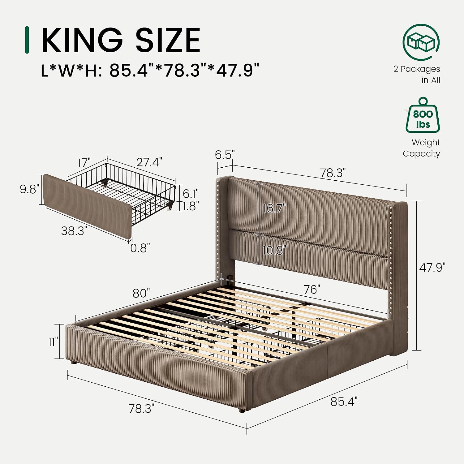 LARMACE King Size Bed Frame with 4 Storage Drawers,Corduroy Upholstered King Size Platform Bed Frame with Tufted Vertical Stripe,Solid Wood Leg/No Box Spring Needed/Noise Free,Brown