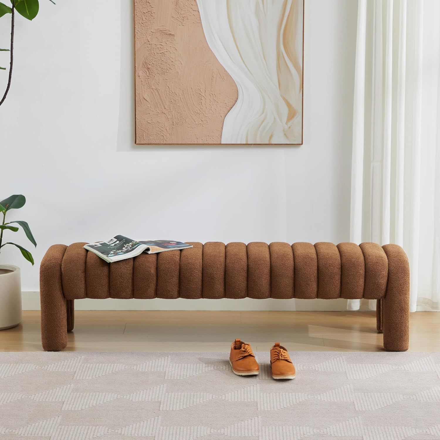 63' Upholstered Boucle Bench Bedroom, Padded King Size Long Ottoman Bench, Sherpa Window Seat for Living Room, Entryway, End of Bed, Rust Brown