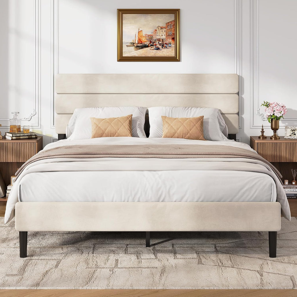 WLIVE Upholstered Bed Frame, Queen Bed Frame with Headboard, Platform Bed with Wood Slats, 1500LBS Mattress Foundation, No Box Spring Needed, Easy Assembly, Velvet Beige