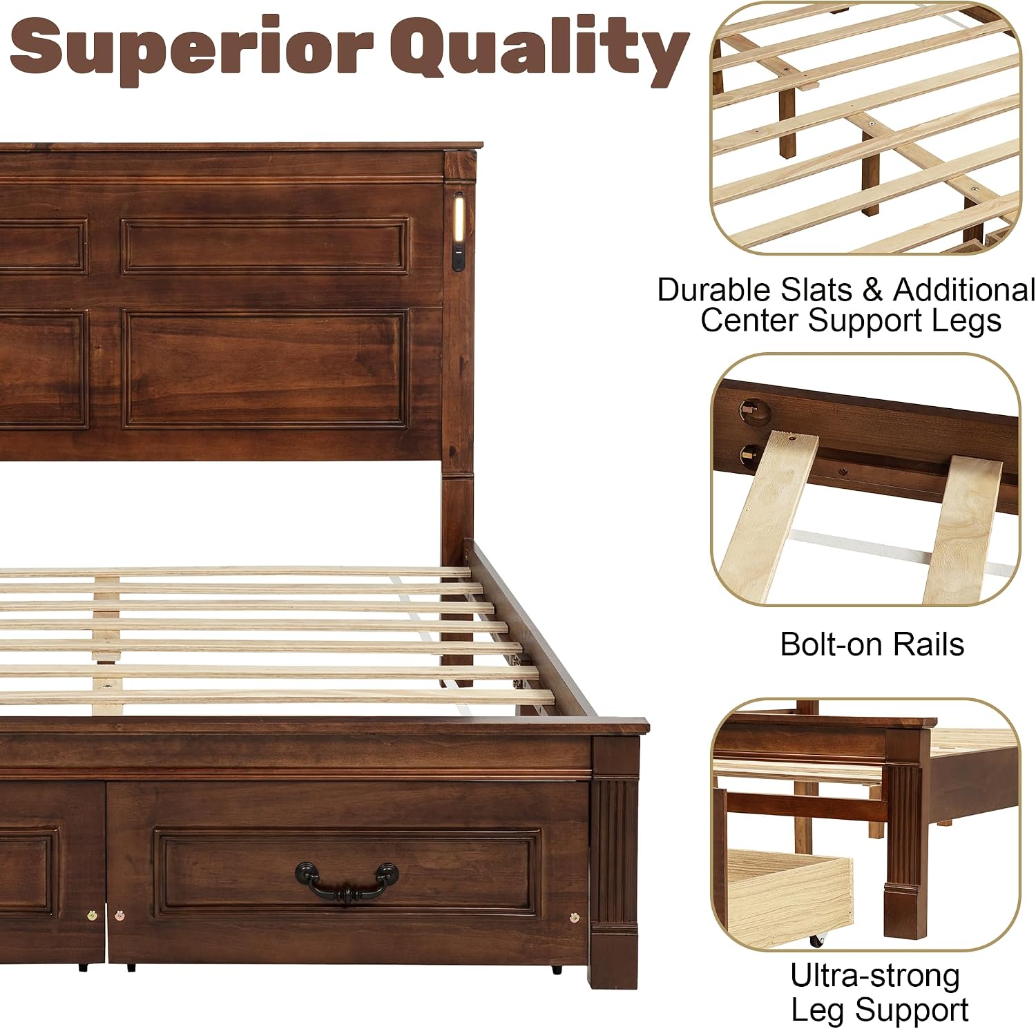 Queen Bed Frame with 46' Tall Headboard, Farmhouse Solid Wood Queen Platform Bed with 2 Storage Drawers,LED Lights & USB Charging Station,No Box Spring Needed, Walnut