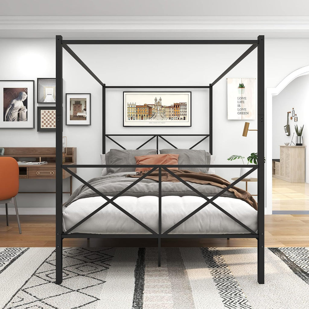 Queen Size Metal Canopy Bed, 4 Poster Canopy Platform Bed Frame with Crisscross Headboard and Footboard - Queen