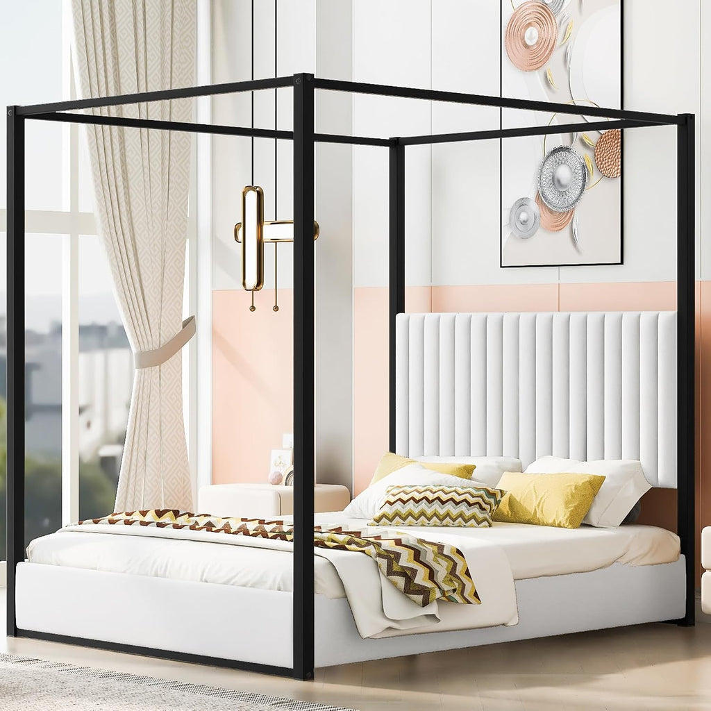 Queen Size 4-Poster Metal Canopy Platform Bed with Upholstered High Backrest Headboard - DIY Canopy Design, Heavy-Duty Metal Frame, Easy Assembly (Black, Queen)