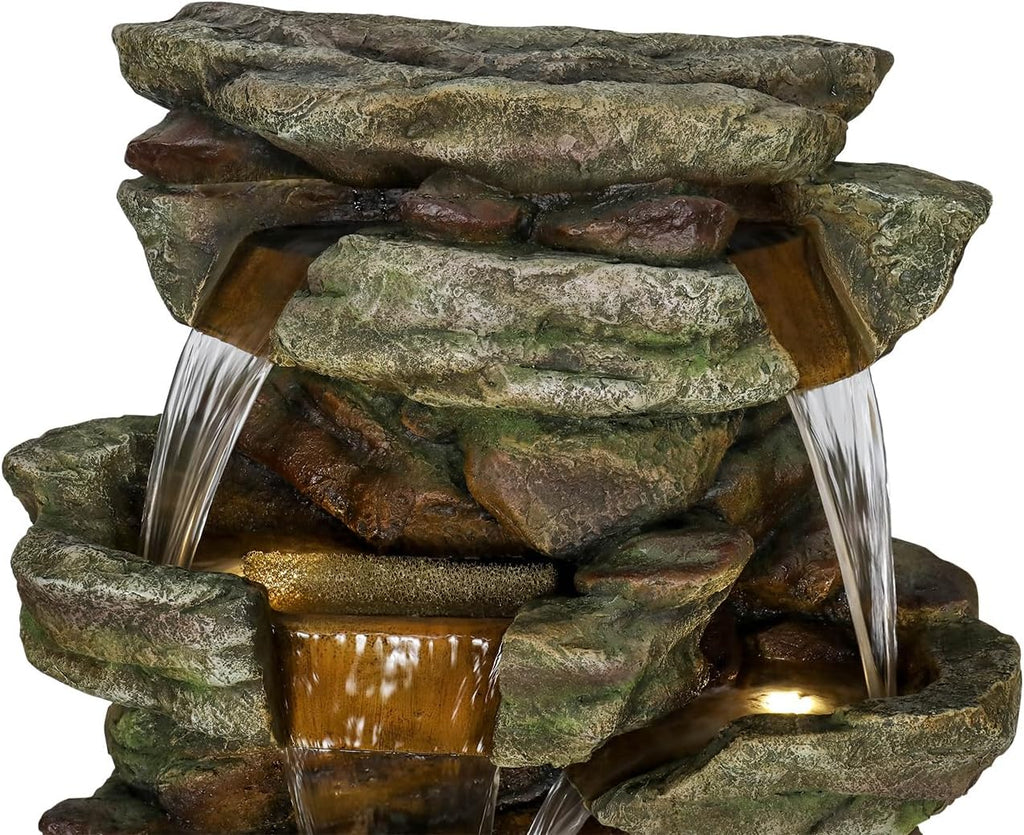 SunJet 59' High Multi-Tiers Cascading Rock Outdoor Water Fountain with LED Lights - Large Outdoor Fountains and Waterfalls for Garden or Patio, Yard, and Deck Decor, Featuring Natural Stone Look