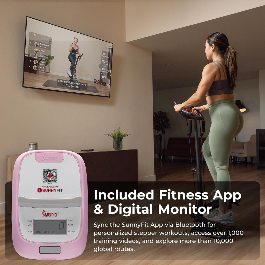 Sunny Health & Fitness Total Body 2-in-1 Smart Stepper Machine for Home with Handlebar and Resistance Bands