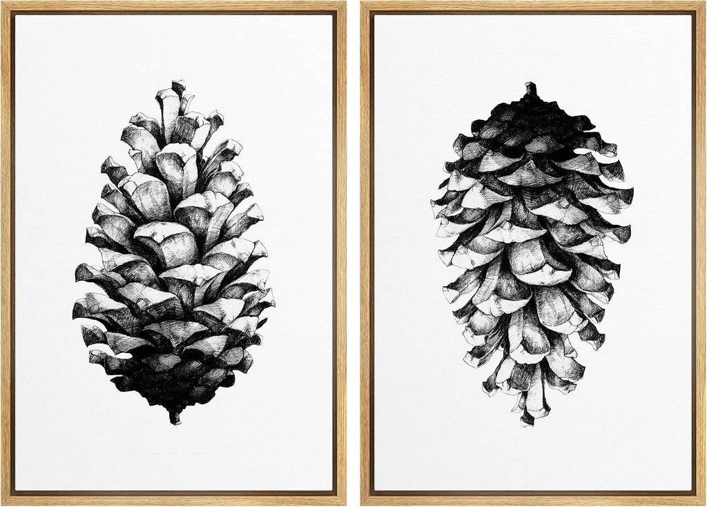 SIGNWIN Framed Canvas Print Wall Art Set Black & White Forest Woodland Pinecone Nature Wilderness Illustrations Modern Art Rustic Relax/Calm for Living Room, Bedroom, Office - 24'x36'x2 Natural