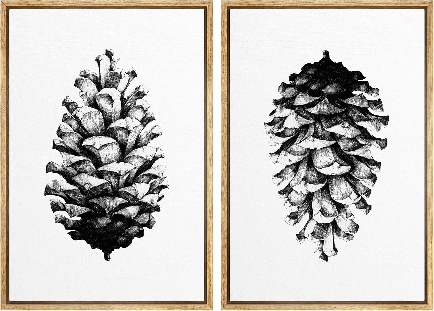 SIGNWIN Framed Canvas Print Wall Art Set Black & White Forest Woodland Pinecone Nature Wilderness Illustrations Modern Art Rustic Relax/Calm for Living Room, Bedroom, Office - 24'x36'x2 Natural