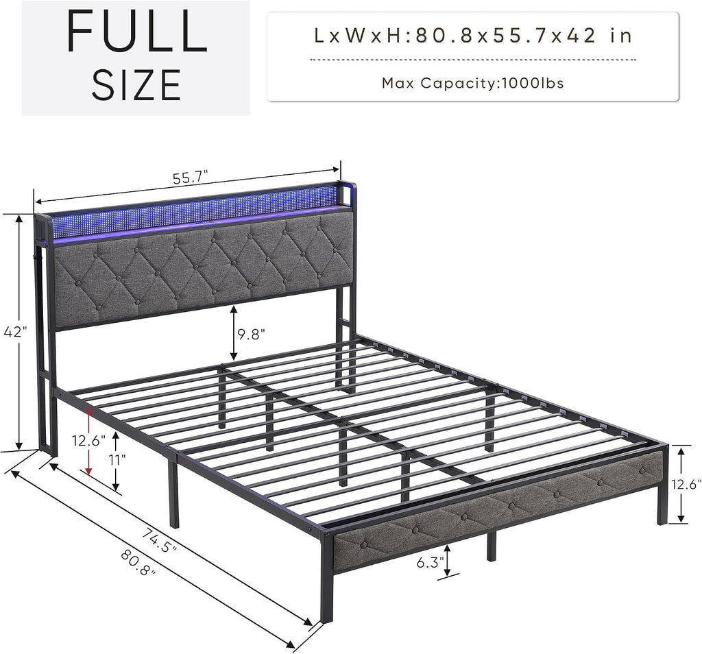Full Size Bed Frame with Storage Headboard, Charging Station and LED Lights, Upholstered Platform Bed W/Heavy Metal Slats, Noise Free, No Box Spring Needed, Dark Gray