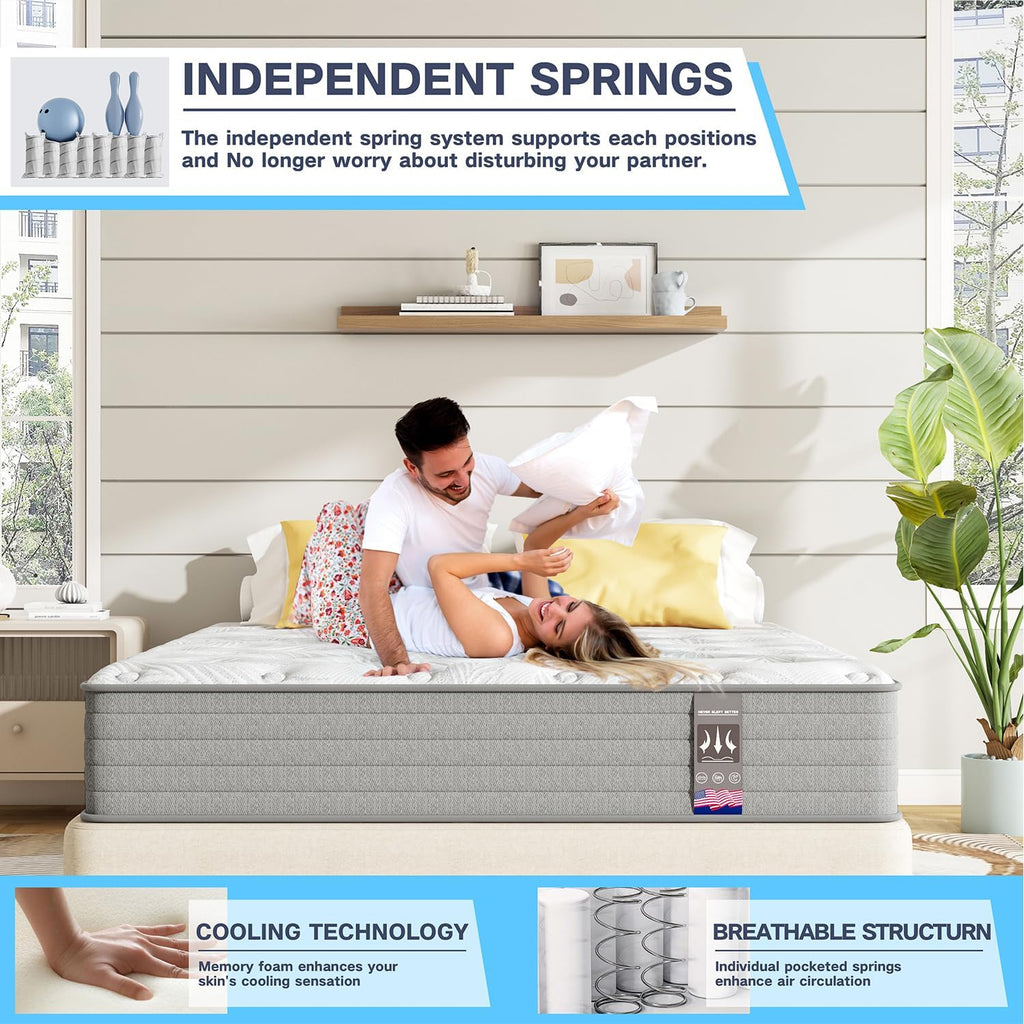 Full Mattress,12 Inch Superior Hybrid Mattress in a Box with Gel Memory Foam for Back & Lumbar Support,Individually Pocket Coils Innerspring for Motion Isolation & Pressure Relief,CertiPUR-US