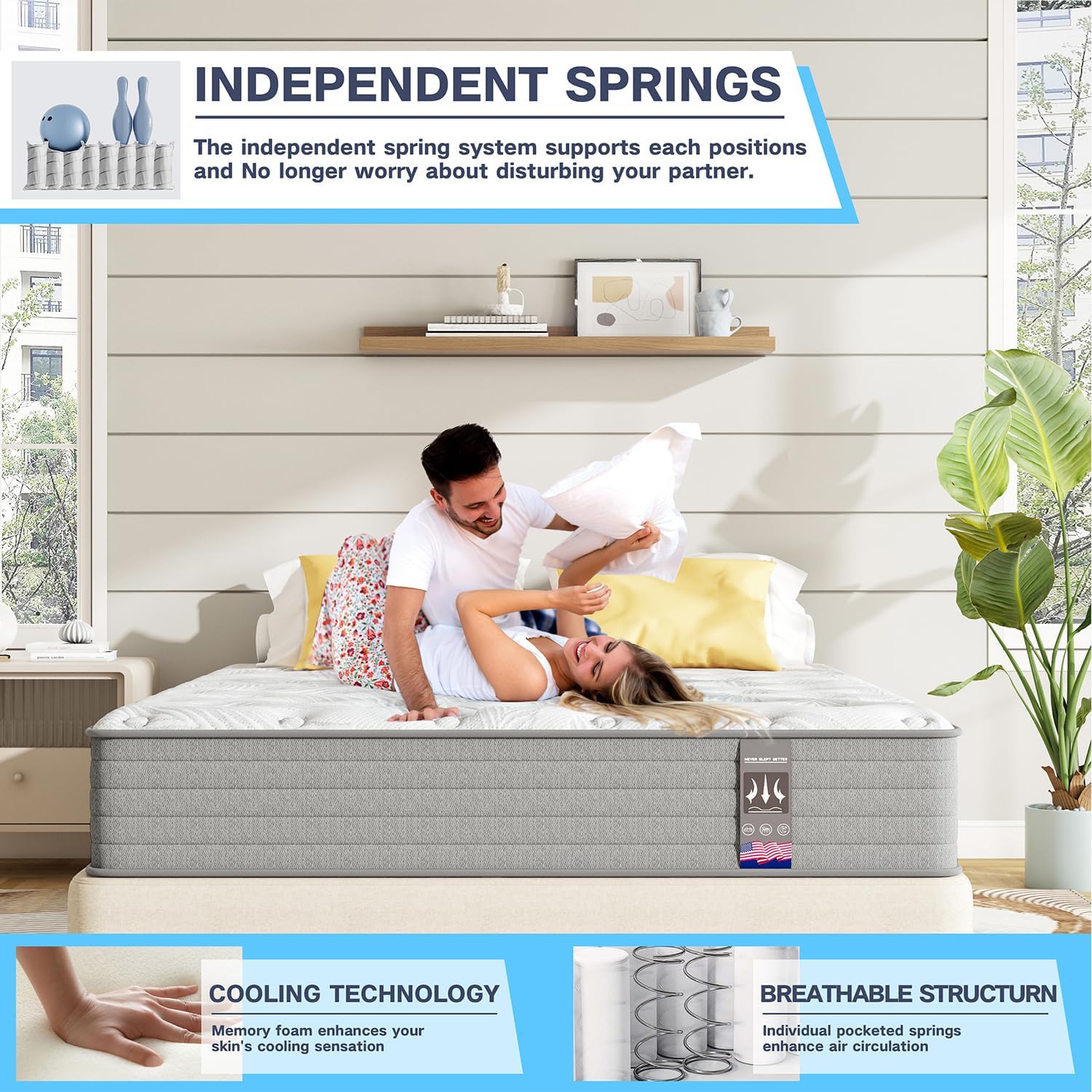 Full Mattress,12 Inch Superior Hybrid Mattress in a Box with Gel Memory Foam for Back & Lumbar Support,Individually Pocket Coils Innerspring for Motion Isolation & Pressure Relief,CertiPUR-US