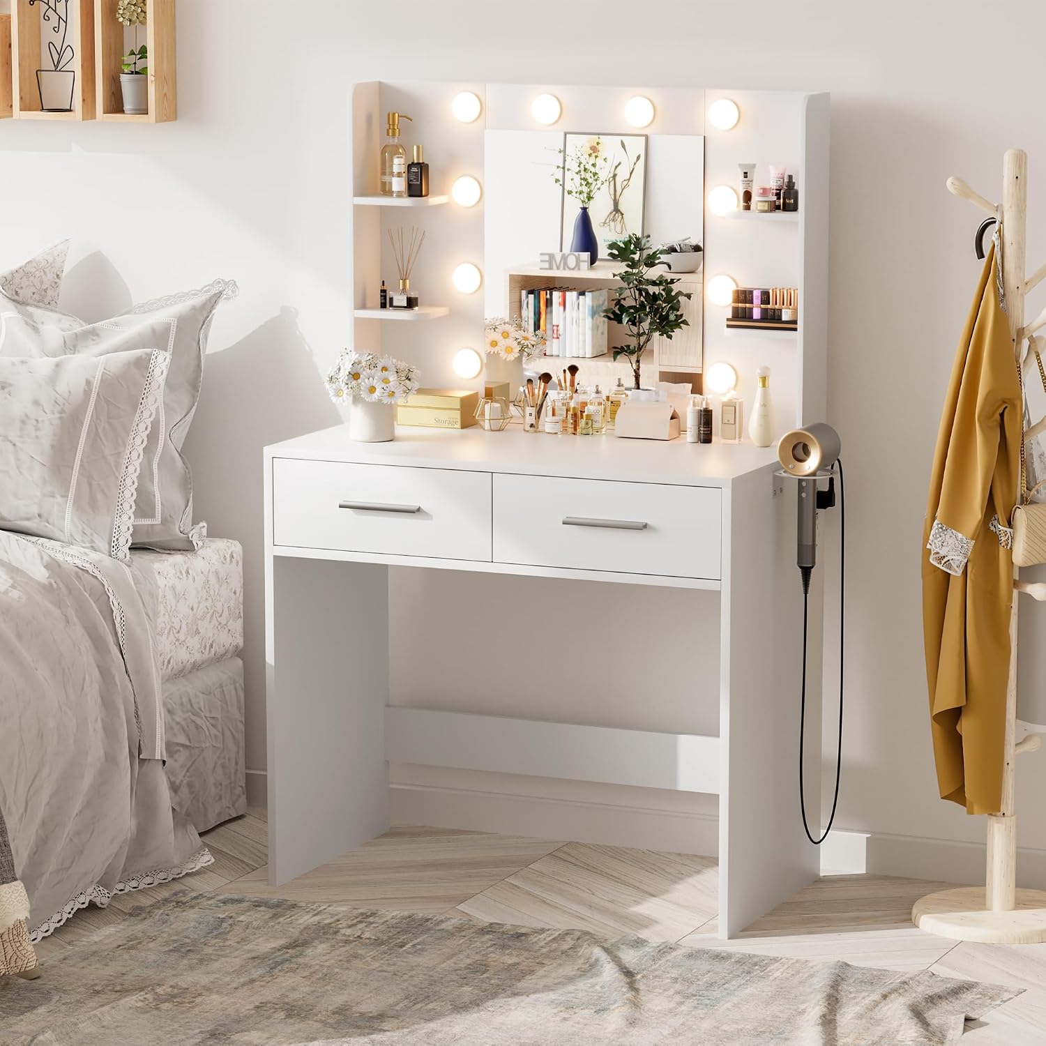 JUMMICO Makeup Vanity Desk with Mirror and Lights Power Outlet, Vanity Table Makeup Desk 2 Drawers, 6 Storage Shelves Hairdryer Holder & Bench Dressing Table for Bedroom (White, No Bench)
